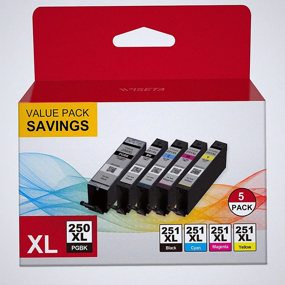 5 Pack PGI 250XL CLI 251XL Ink Cartridges Replacement for Canon Printers