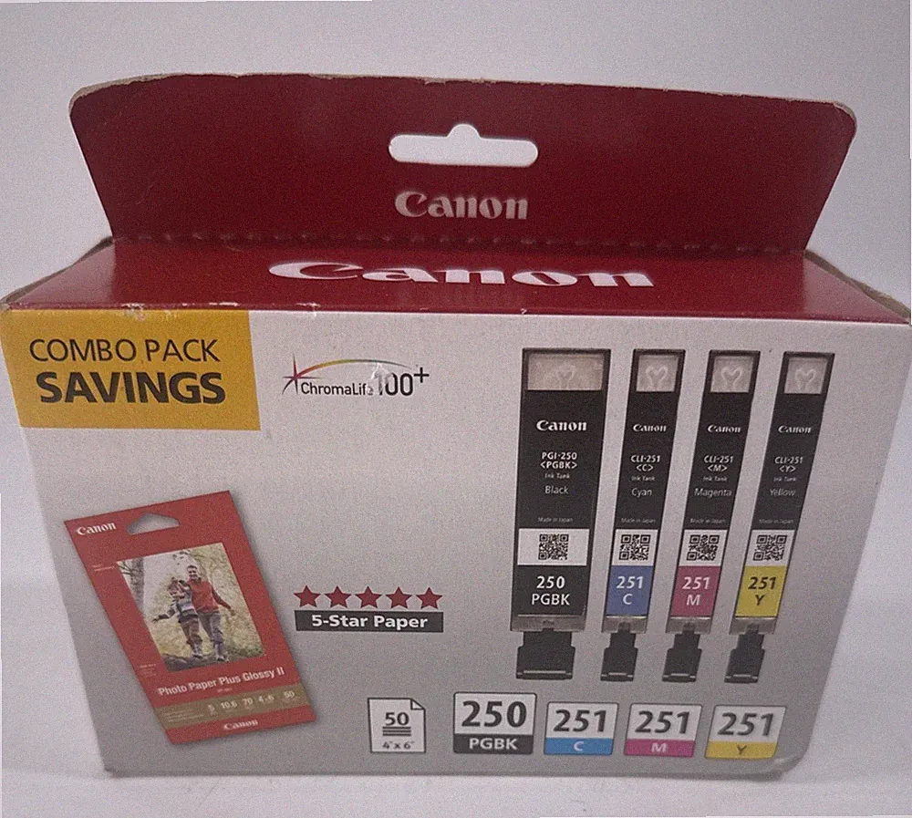 Canon PGI 250/CLI-251 Combo Pack Black Cyan Magenta Yellow Ink New W/photo paper