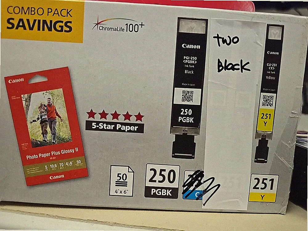 Canon PGI-250XL Ink Tank - Black, Pack of 2 & 251 Yellow & Photo Paper 50pk